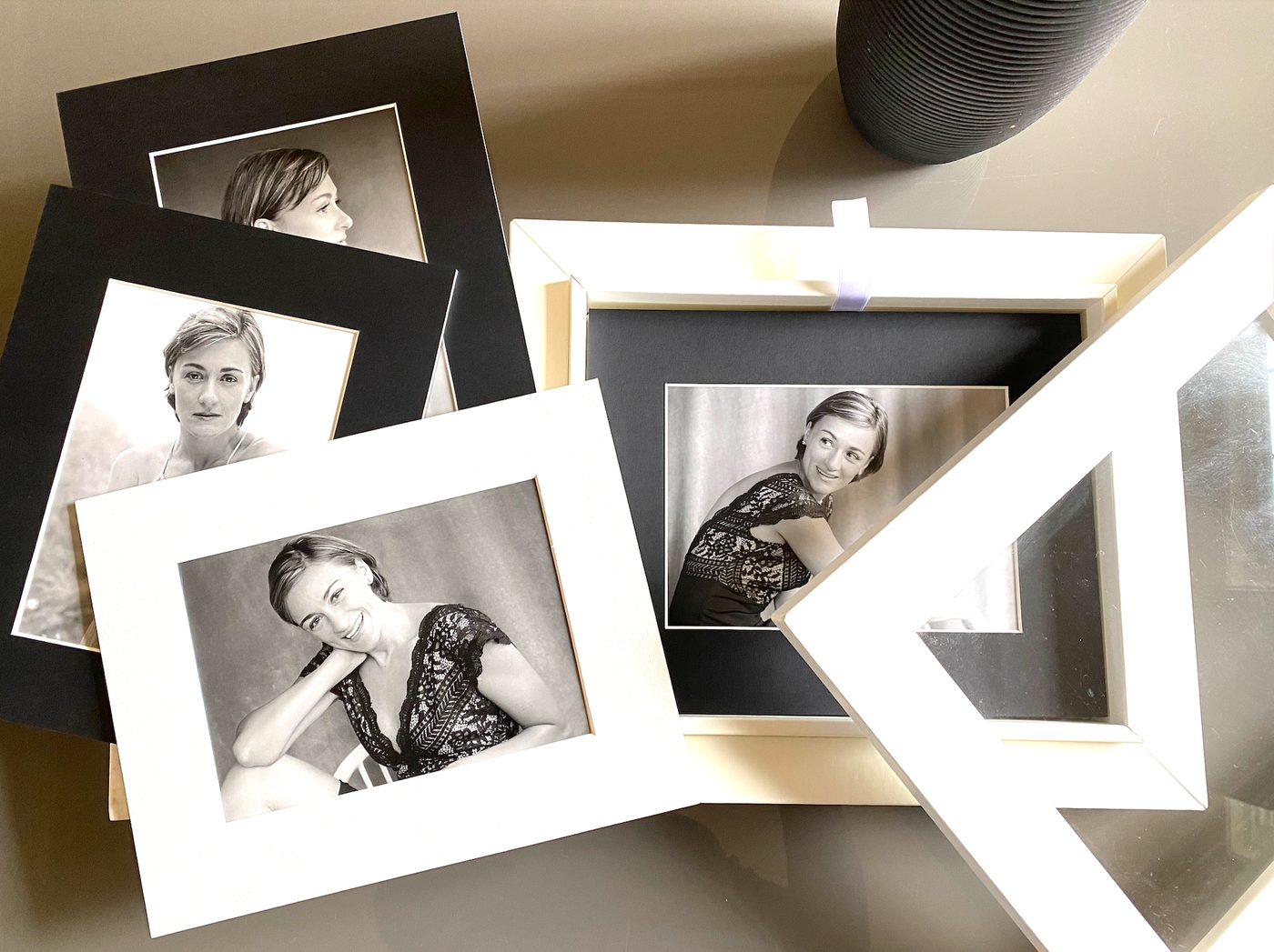 Matted fine art prints with white and black mats and frames